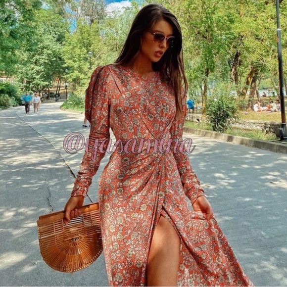 Zara FLORAL PRINTED DRAPED MIDI Flowy DRESS Long Sleeve Puff Shoulders Sz XS NEW - Picture 2 of 16